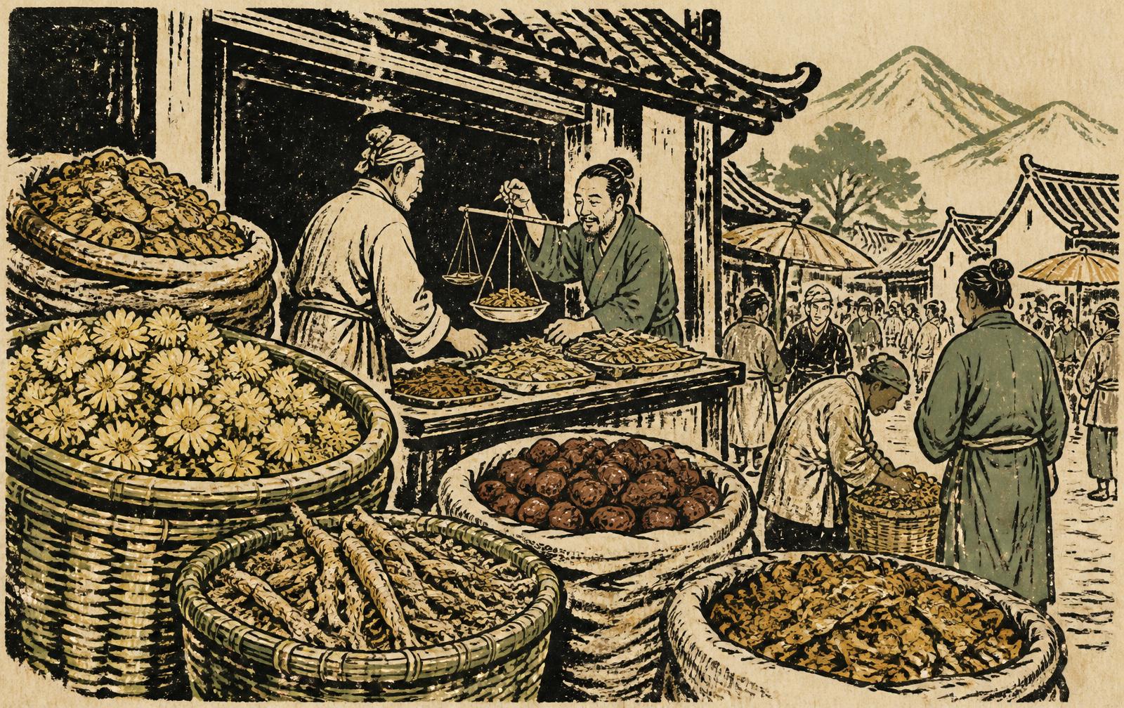 Woodblock print of the herb market in Bozhou, Anhui — baskets of dried chrysanthemum, roots and jujube