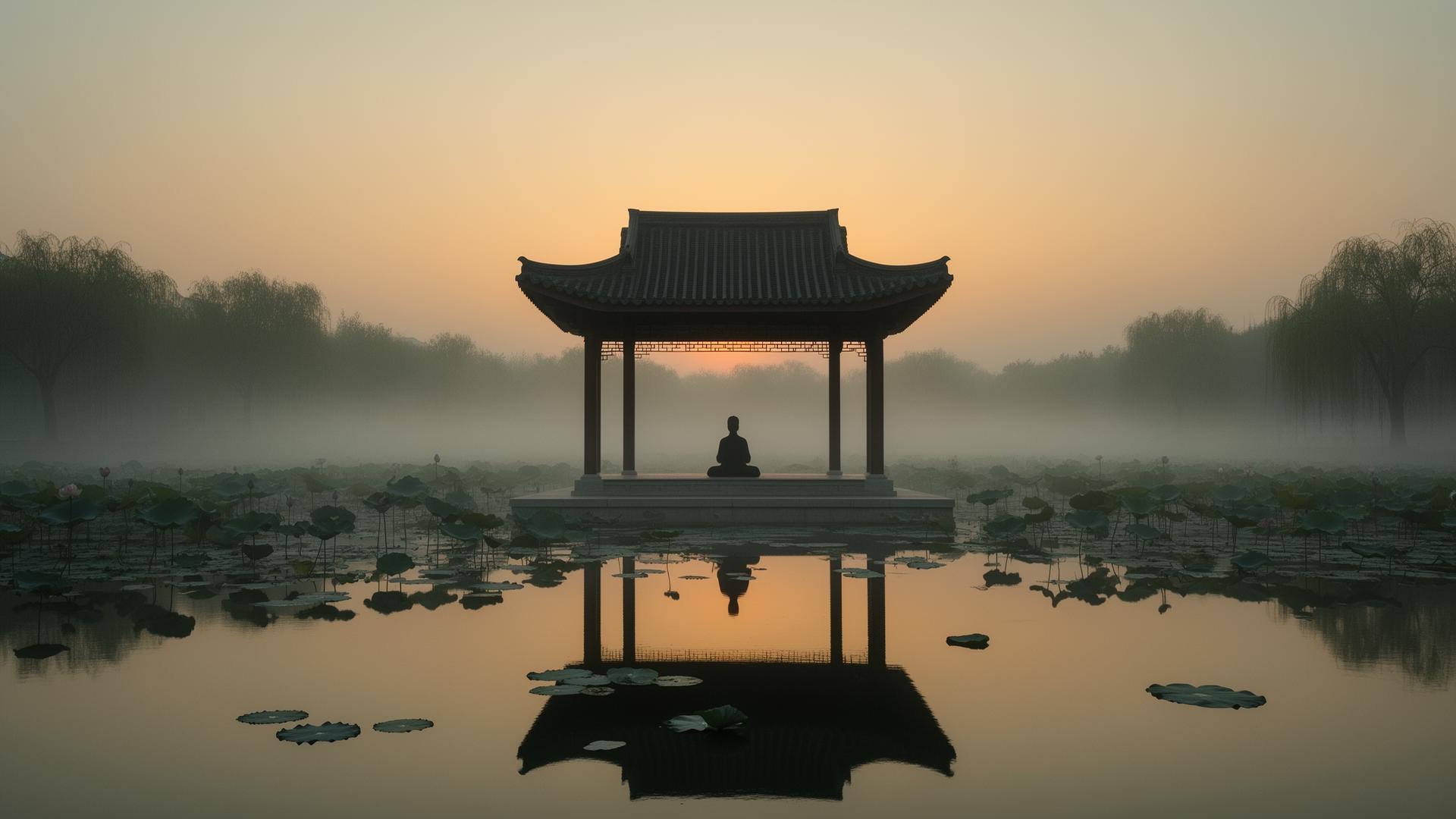 Chinese pavilion at dusk reflected in a still lotus pond